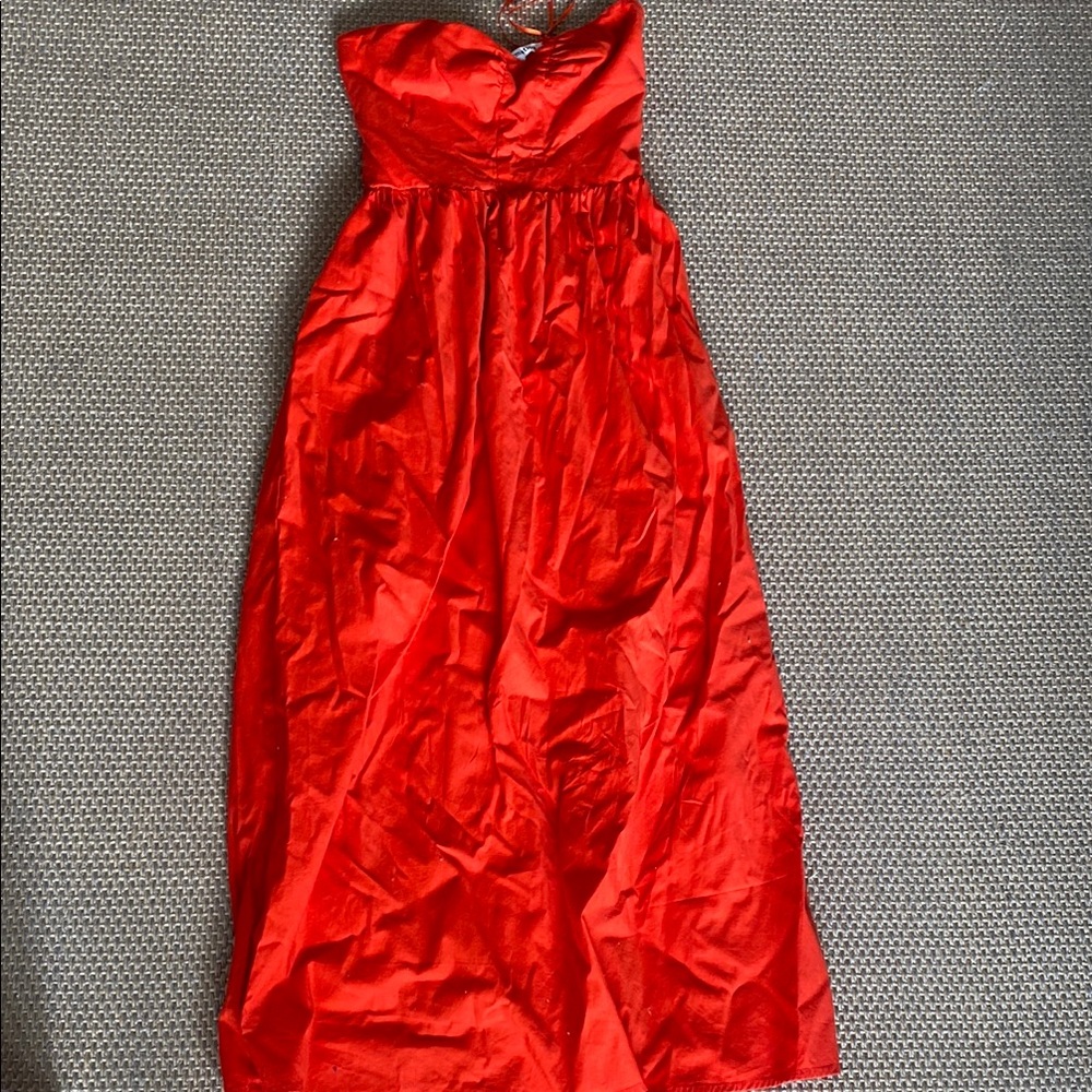 Cotton Poplin Red Strapless Midi “Buckley” dress by Reformation